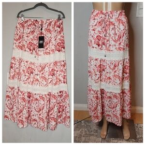 NWT Frye Pink White Cotton Lace-Trim Tiered Maxi Skirt Size Large Stretch Waist